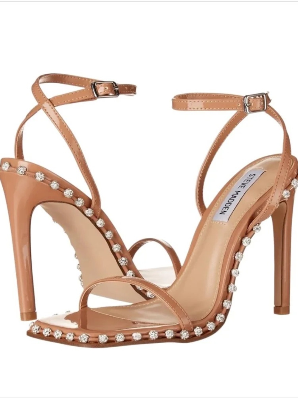 Steve Madden Camel Tan Rhinestone-Trim Ankle-Strap Stiletto Sandals